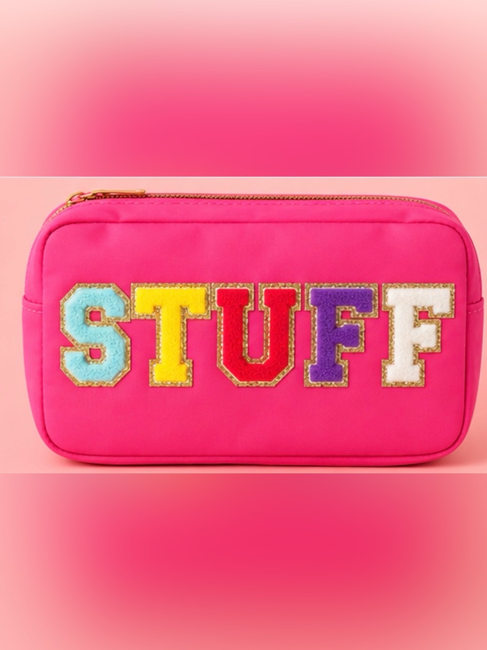 Rose Pink ‘STUFF’ nylon Travel Pouch with Gold Trim varsity letter patches